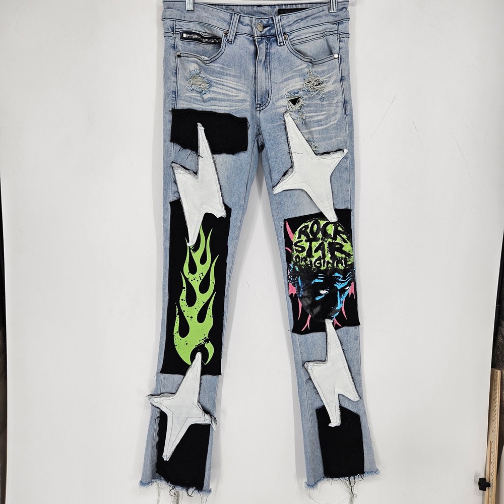 Rockstar Originals Jeans Mens 32 Blue Edgar Patchwork Stacked Flare Colorful